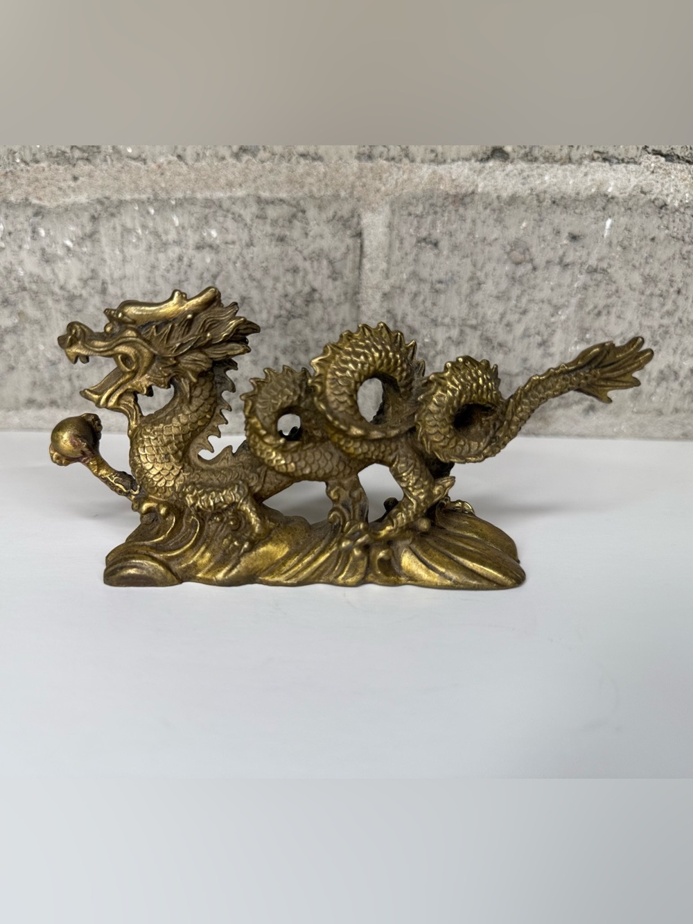 Chinese Dragon Figurine Gold Brass Tone Pearl Orb Feng Shui